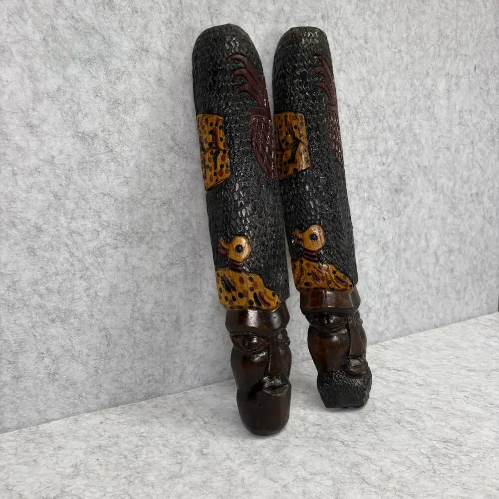 Vintage 1970s Hawaiian Carved Wood Tiki Couple – Wall Art Pair 18.5